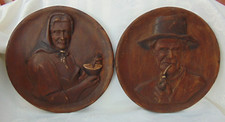 Pair Antique Vintage French Breton Folk Art Man Woman Carved Wooden Wall Plaques picture