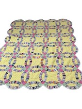 VTG Handmade Yellow  Double Wedding Ring Quilt Scalloped Edge 79x64” Cotton picture