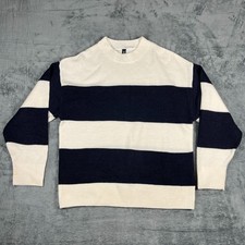Divided H&M Mens Small Sweater Cream Black Stripe Knit Crew Neck Chic Minimalist picture