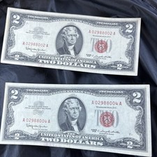 Two, 1963 Series Red Seal Two Dollar Bills low almost sequential serial numbers  picture