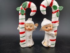 Vintage Ceramic Japan Angels Holding Candy Canes Decorated w Holly MCM Christmas picture