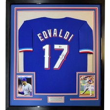 Framed Autographed/Signed Nathan Eovaldi 35x39 Texas Blue Jersey BAS COA picture