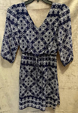 Tacera Women’s Paisley A-Line Dress Navy/White V-Neck 3/4 Sleeve Tie Waist S picture