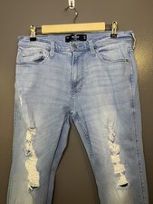 Hollister Jeans Mens 32x30 Blue Skinny Distressed Stretch Denim Light Wash picture