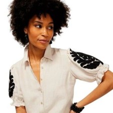 CHICO'S Beige Black Embroidered Beaded Puff Sleeve Button Up Linen Shirt Size 4 picture