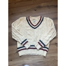 Vtg 60s Pandora Cricket Sweater 100% Pure Virgin Wool Cable Knit Cream Navy Red picture