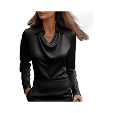 Women's Swing Collar Draped Satin Blouse Long Sleeve Pullover Top Black Size L picture