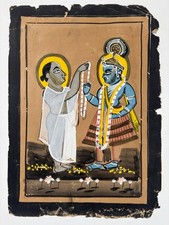 Vintage Indian Folk Painting Krishna & Devotee Hindu Religious Art on Paper picture