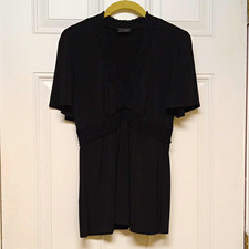 BCBG Paris Black V-Neck Short Sleeve Smocked Waist Fit & Flare Blouse L picture