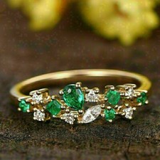 1.25CT Pear Real Green Emerald Wedding Band Jewelry Ring 14K Yellow Gold Finish picture