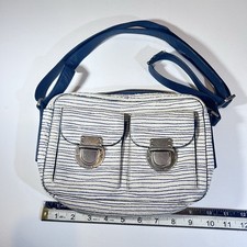 Fossil Blue White Striped Small Crossbody Bag Zip Buckle Silver Hardware Pockets picture