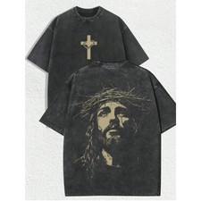 Jesus Crown of Thorns Double-Sided Washed Black Christian T-Shirt - Oversized Fa picture