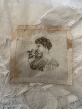 Antique 1880s Victorian Hand Inked Drawn Linen Handkerchief Portrait Lady picture