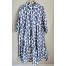 Maeve Anthropologie Blue White Geometric Triangle Tiered Shirt Dress 2X picture
