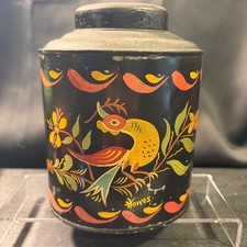 Vintage Howes Hand Painted Folk Art Bird Metal Tea Caddy Oval Tin Canister picture