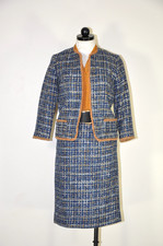 Vtg 1960s Blue Brown Wool Tweed Plaid Two Piece Boxy Jacket Pencil Skirt Suit XS picture