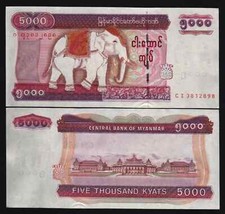 MYANMAR 5000 KYAT P-81 2009 ND ELEPHANT ANIMAL UNC CURRENCY BURMA BANK NOTE picture