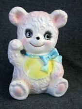 Vintage Relpo planter 5678 ceramic bear nursery pink blue bow yellow bib Japan picture