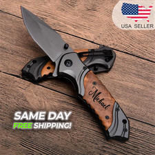 Pocket Hunting Knife Tactical Folding Personalized Gift for Men Wood Handle picture