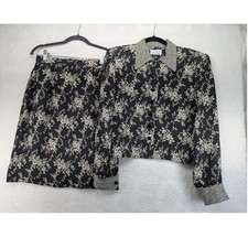 Doncaster Vintage Floral Skirt Set Black Cream Jacket Skirt Size 8 Made in USA picture