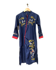Vintage Embroidered Crane Robe Dress Navy Red Trim Mandarin Collar Size S picture