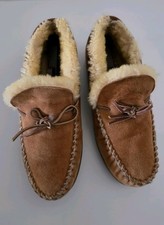 L.L.Bean Shearling Moccasin Slippers Mens 11 M Brown Suede Fur Lined picture