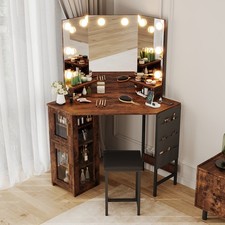 Corner Vanity Desk and Stool, Corner Makeup Vanity with LED Lighted Mirror picture