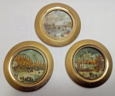 Set of 3 Miniature Woven Silk Pictures Round Gold Frames Dutch Winter Scenes Art picture