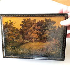 Vintage Russian Lacquer Box Hand Painted Autumn Landscape Red Interior 7.5