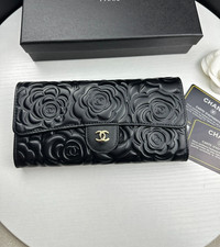 ᴄʜᴀɴᴇʟ Camellia Embossed Lambskin Classic Flap Long Wallet Black Gold 80758 picture