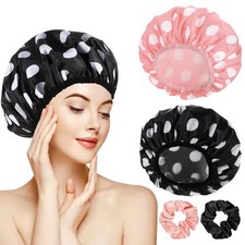 2 Packs Terry Cloth Lined Shower Cap Large Triple Layer Waterproof Pink Black picture