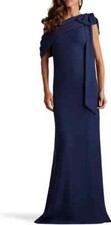 Tadashi Shoji Navy Blue One-Shoulder Bow Detail Crepe Gown Size 16 $378 picture