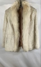 Vintage Women's Ivory Dyed Rabbit Fur Jacket Fox Fur Trim Made in Korea Sz L picture