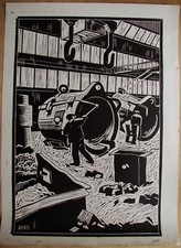 Ukrainian Soviet USSR Linocut socrealism steelworker figure foundry workshop picture
