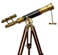 Nautical Brass Antique Half Design Leather Telescope With Wooden Tripod Stand picture