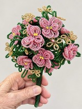 Vintage French Beaded Flower Bouquet Pink & Gold Glass Seed Beads Handcrafted picture