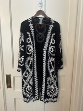 Catherines Embroidered Applique Open Kimono Top Womens Size 3X Black White picture