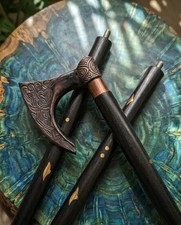 Handmade Black Axe Handle Walking Cane, Wooden and Brass, 36 Inch Stick picture