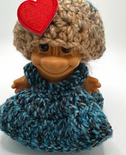 Handcrafted Troll Doll clothes crochet Brown Hat, Blue crochet dress red heart picture