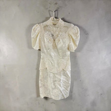 VTG 80s Scott McClintock Dress Size 4 White Lace Damask Puff Sleeve Mini Bridal picture