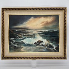 Vintage 24x30” Hand Oil Painting Ocean Coast 1982 Artist Signed Genuine Original picture