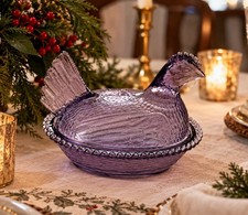 Vintage Purple Amethyst Glass Hen on Nest Covered Dish 7” Beaded Rim Chicken picture