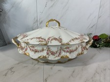 Antique Limoges France Pink Rose Floral Garland Serving Bowl With Lid Veg/Tureen picture