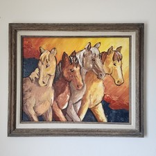 Wild Horses Running Sunset Original Oil Painting Expressionist Equine Framed Art picture