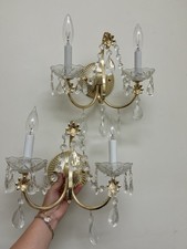 Vintage Crystal Wall Sconces Pair 2 Light Gold Hardwired UL Hollywood Regency picture