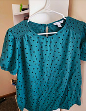 Talbots Women’s Teal/Black Polka Dot Round Neck Puff Sleeve Chiffon Blouse 14 picture
