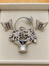 Vintage Signed Lang Sterling Silver 925 Flower Basket Brooch And Earring Set 13g picture