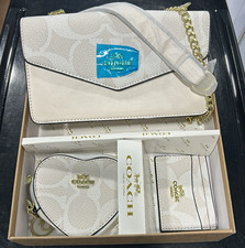Coach Signature Beige/White Leather 3-Piece Accessory Set Chain Heart picture