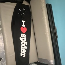 sp5der I Love Graphic Sweatpants Black Tapered Leg Pockets Men's picture