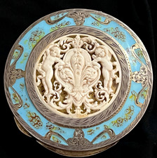 Antique Italian 800 Silver Blue Enamel & Silver Inlay Compact Box Angels Decor picture
